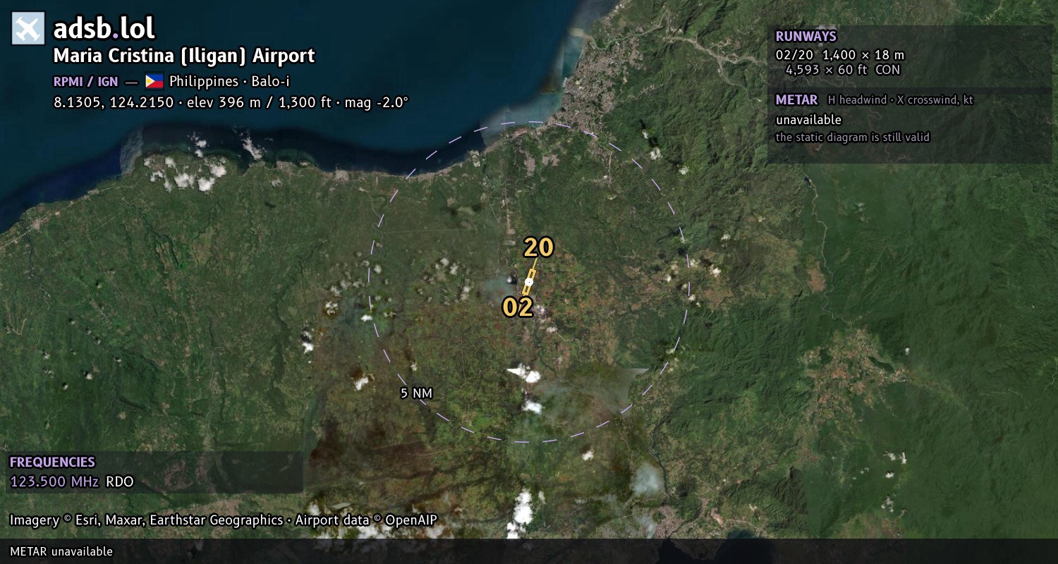 Satellite map with the runway layout of Maria Cristina (Iligan) Airport (RPMI)