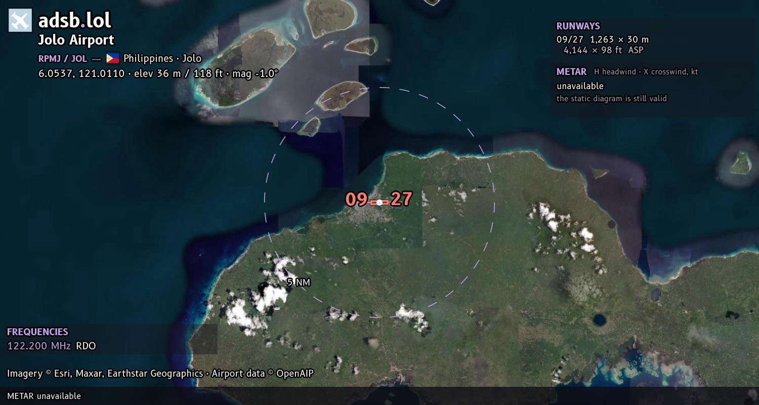 Satellite map with the runway layout of Jolo Airport (RPMJ)
