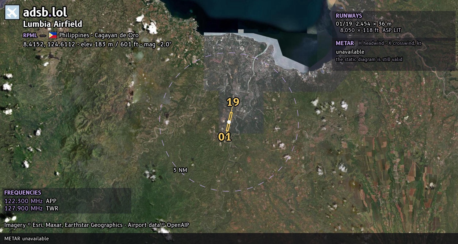 Satellite map with the runway layout of Lumbia Airfield (RPML)