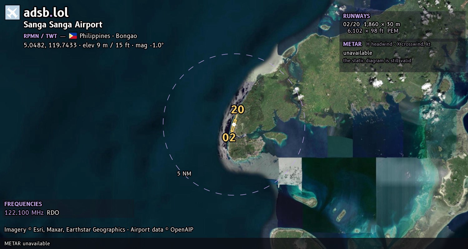 Satellite map with the runway layout of Sanga Sanga Airport (RPMN)