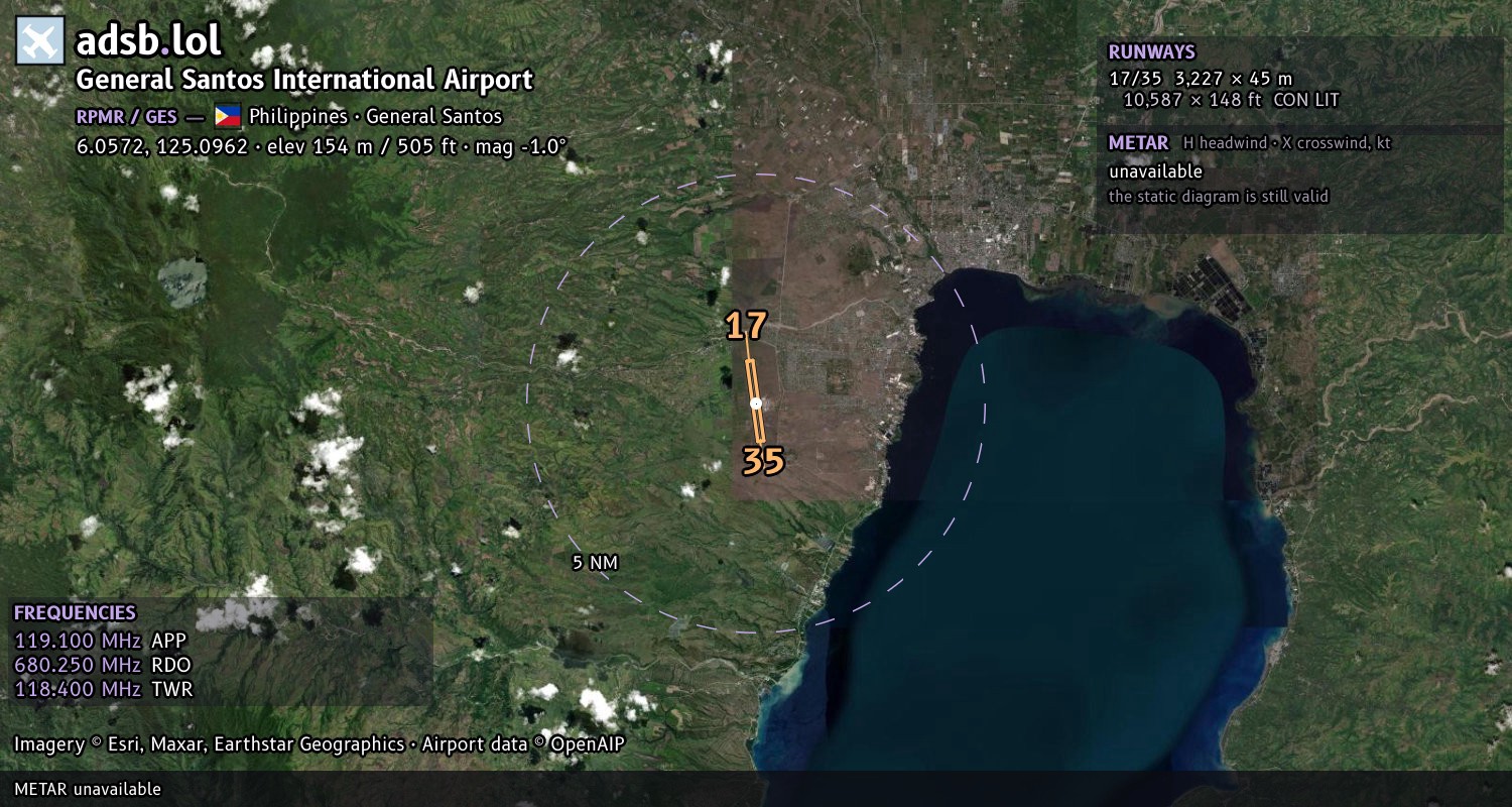 Satellite map with the runway layout of General Santos International Airport (RPMR)
