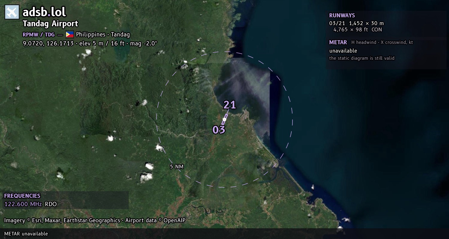 Satellite map with the runway layout of Tandag Airport (RPMW)