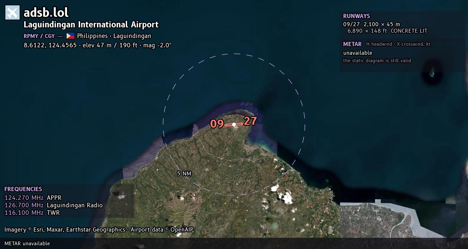 Satellite map with the runway layout of Laguindingan International Airport (RPMY)