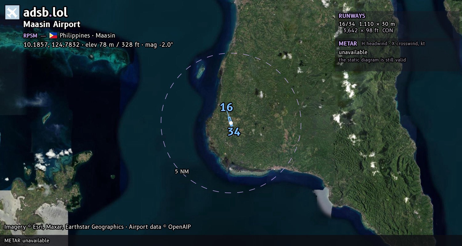 Satellite map with the runway layout of Maasin Airport (RPSM)