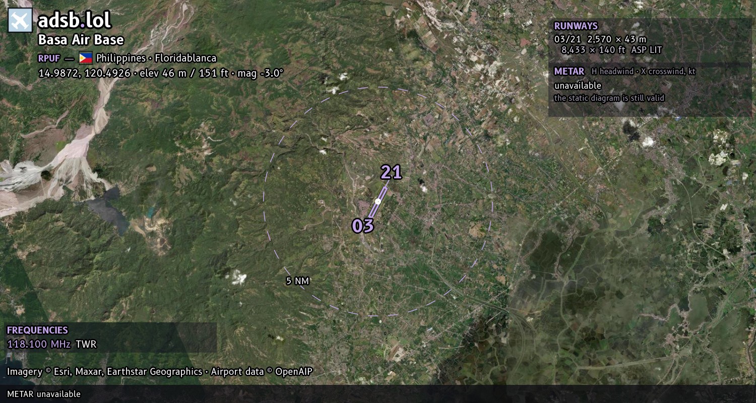 Satellite map with the runway layout of Basa Air Base (RPUF)