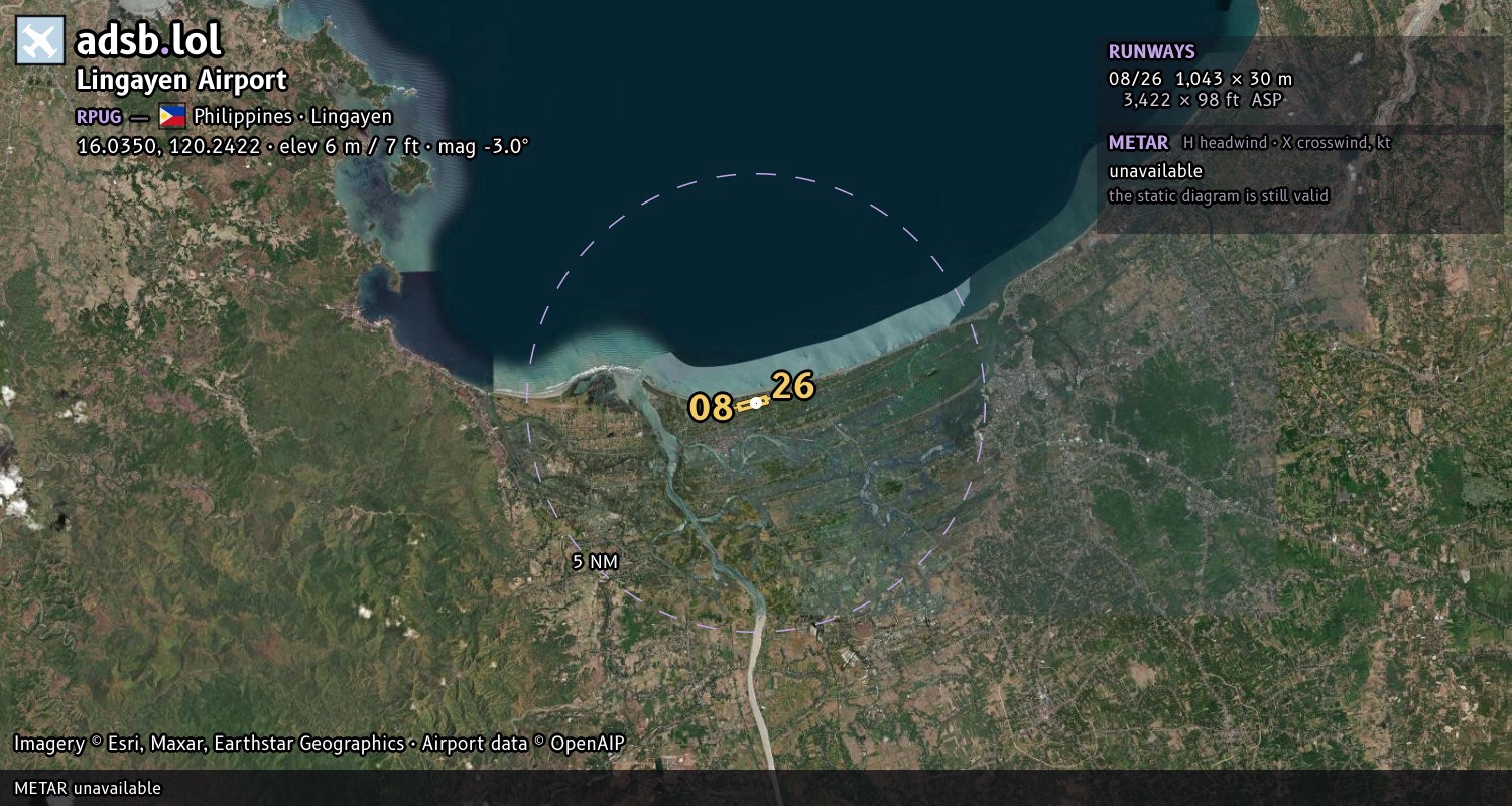 Satellite map with the runway layout of Lingayen Airport (RPUG)