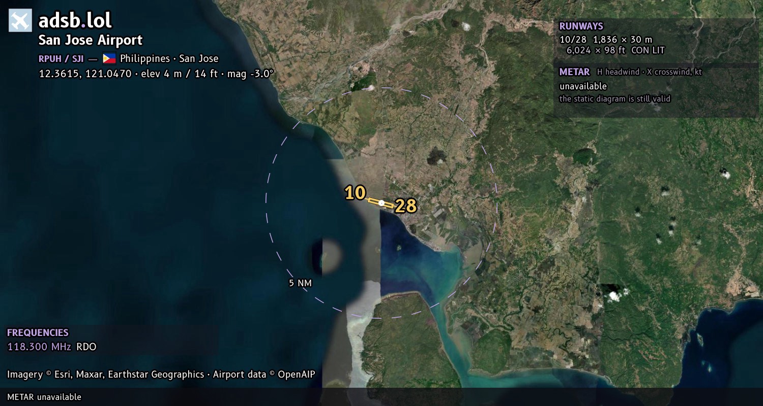 Satellite map with the runway layout of San Jose Airport (RPUH)