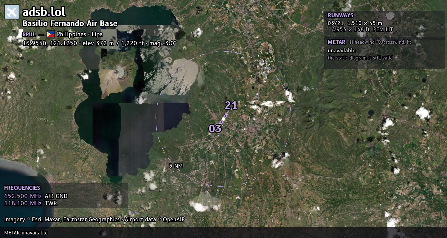 Satellite map with the runway layout of Basilio Fernando Air Base (RPUL)