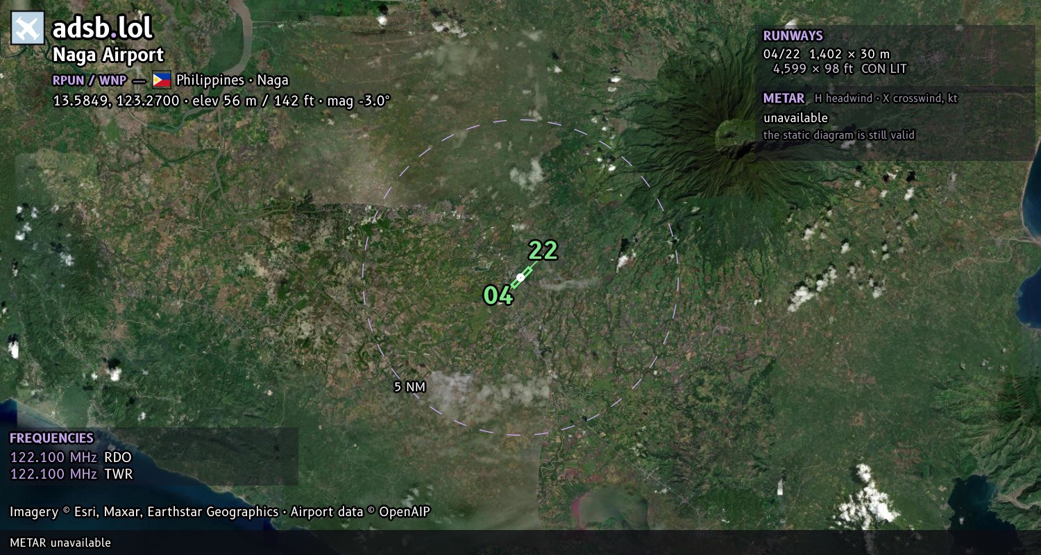 Satellite map with the runway layout of Naga Airport (RPUN)