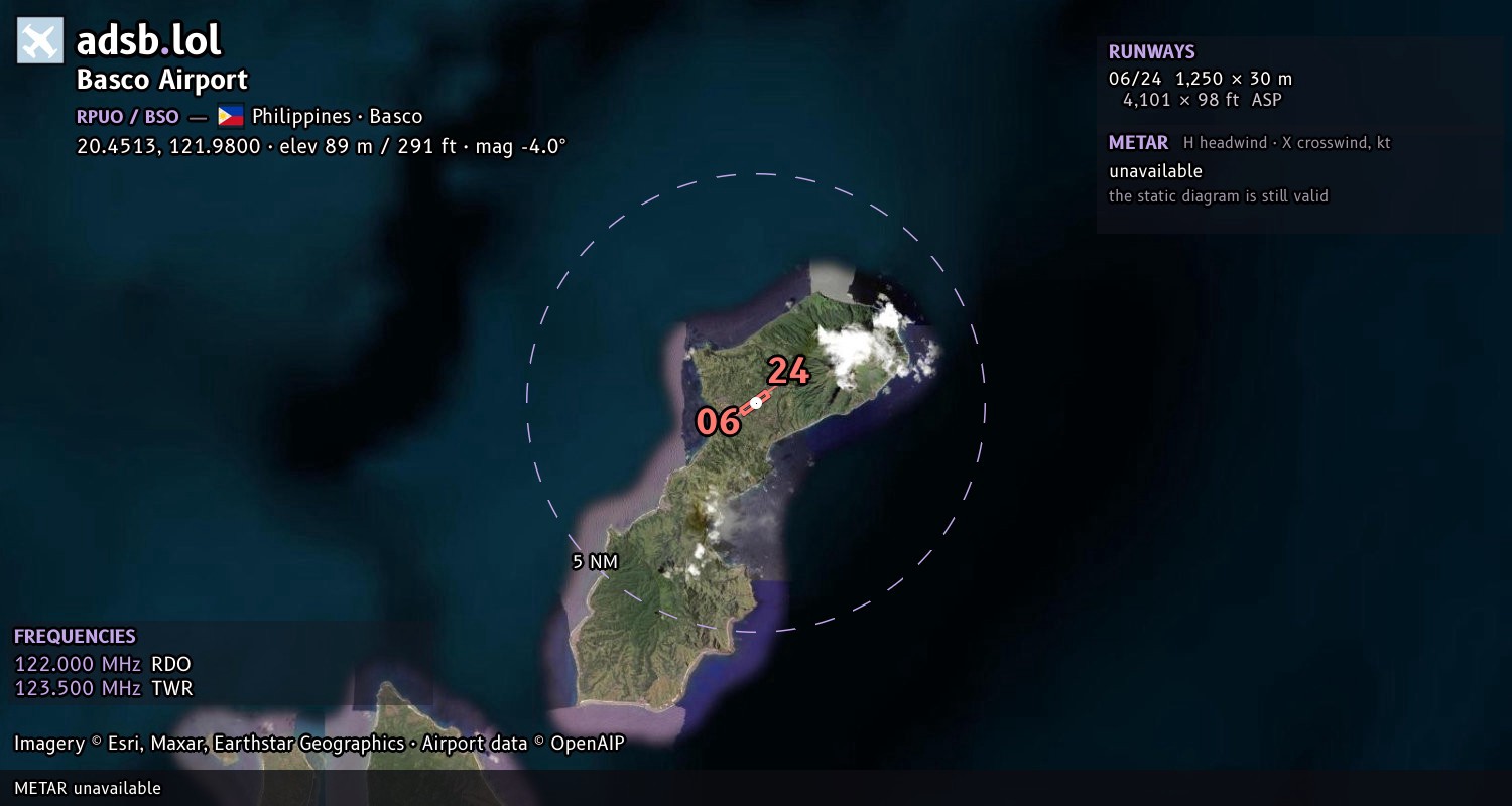 Satellite map with the runway layout of Basco Airport (RPUO)