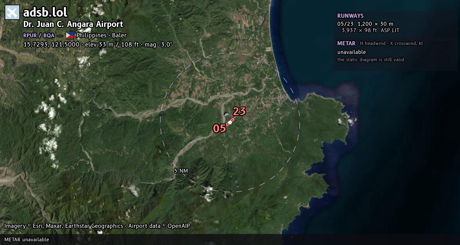 Satellite map with the runway layout of Dr. Juan C. Angara Airport (RPUR)