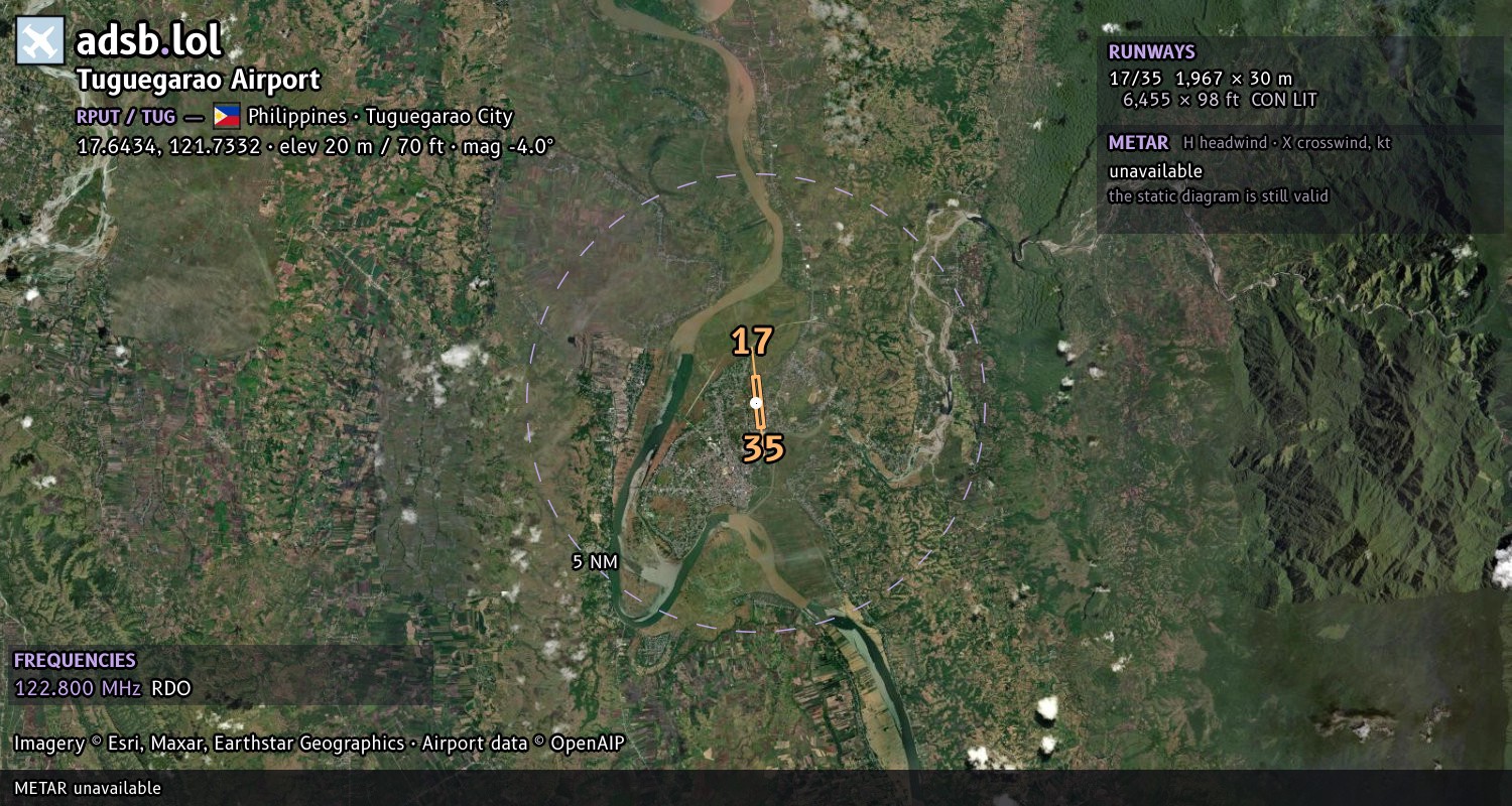 Satellite map with the runway layout of Tuguegarao Airport (RPUT)
