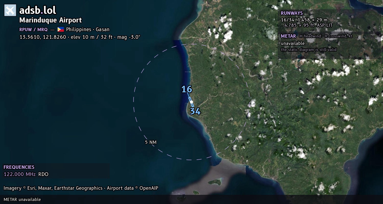 Satellite map with the runway layout of Marinduque Airport (RPUW)