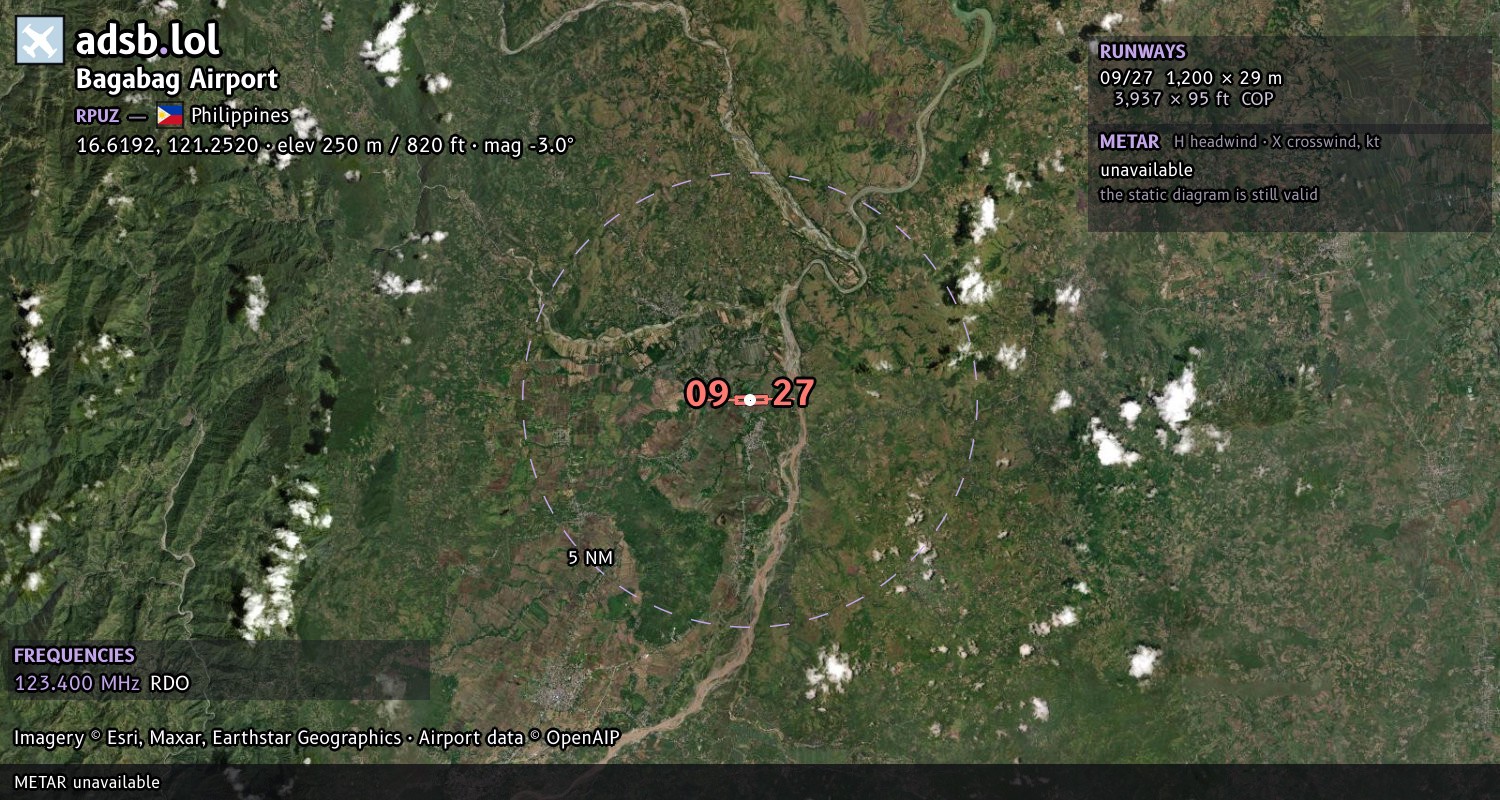 Satellite map with the runway layout of Bagabag Airport (RPUZ)