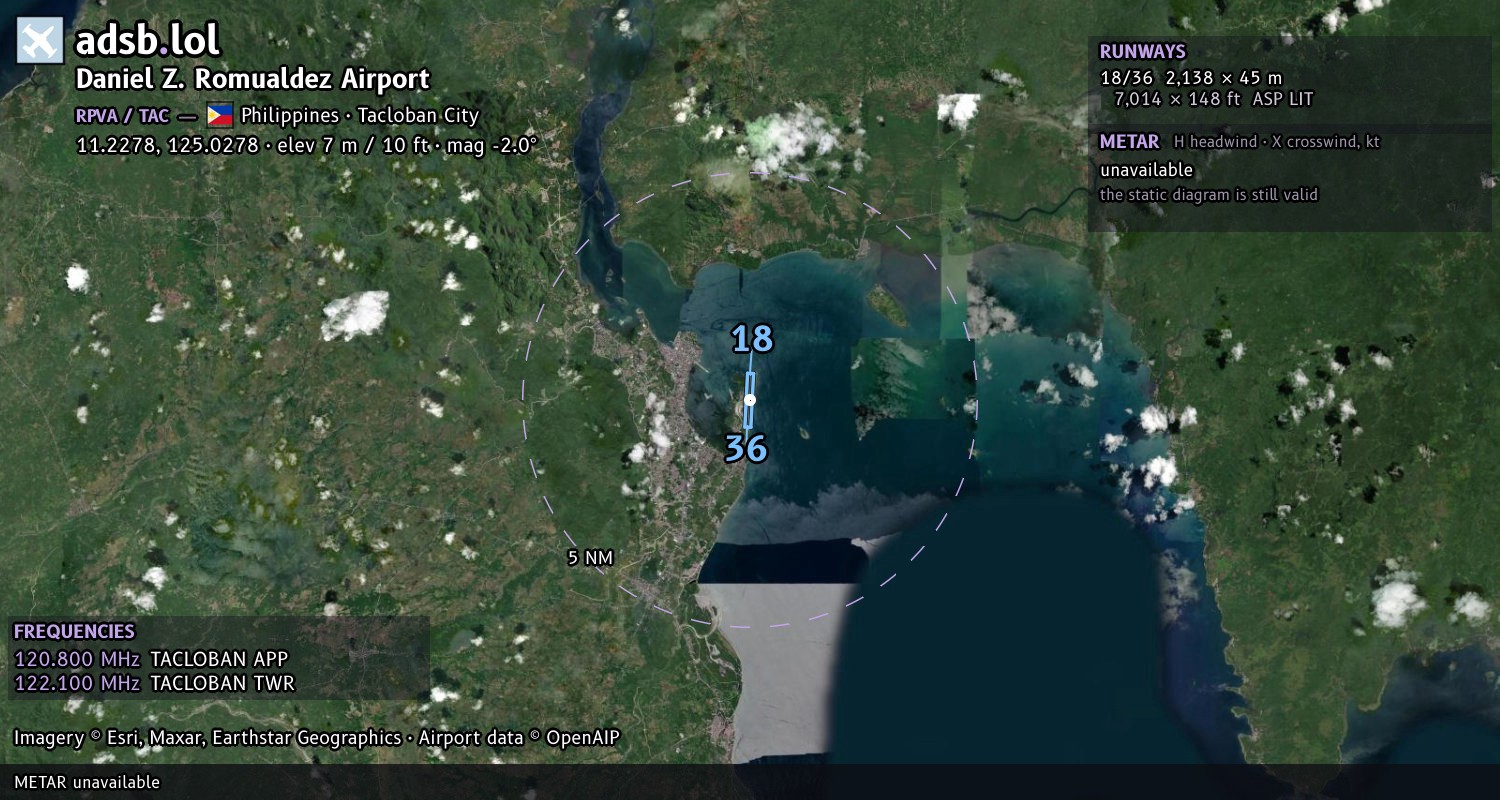Satellite map with the runway layout of Daniel Z. Romualdez Airport (RPVA)