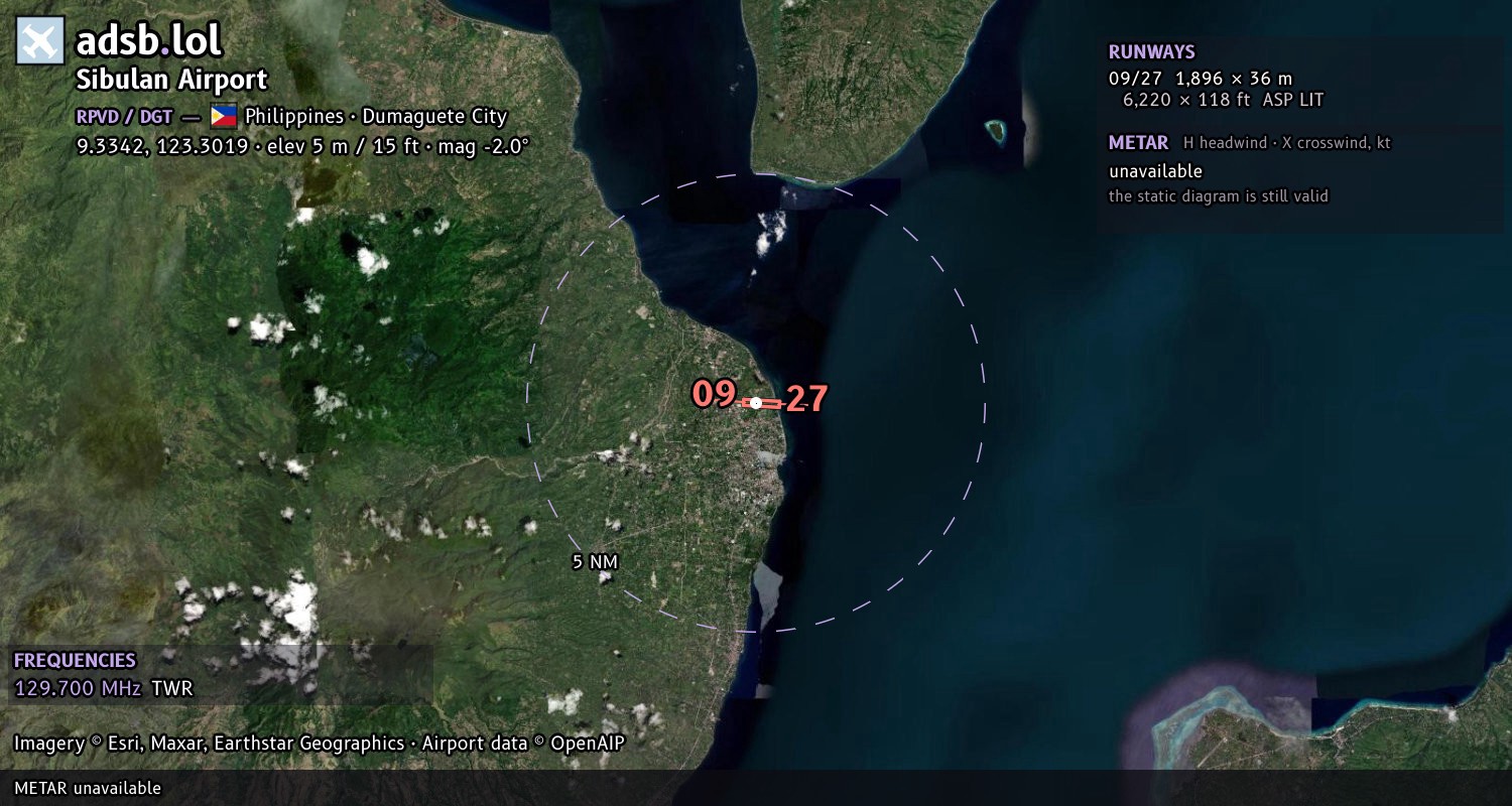Satellite map with the runway layout of Sibulan Airport (RPVD)