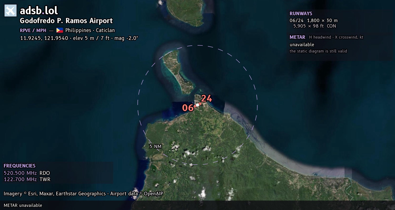 Satellite map with the runway layout of Godofredo P. Ramos Airport (RPVE)