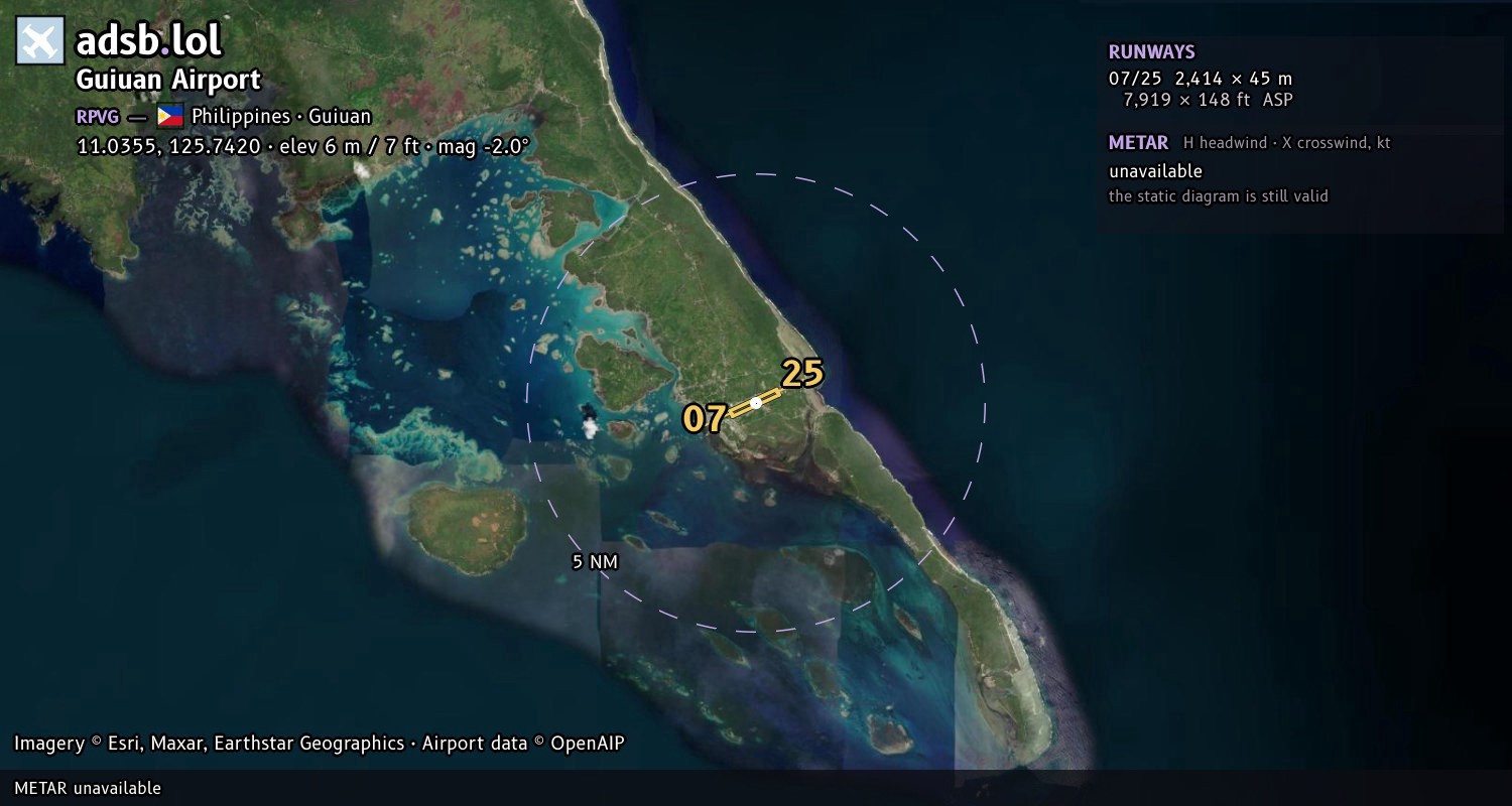 Satellite map with the runway layout of Guiuan Airport (RPVG)