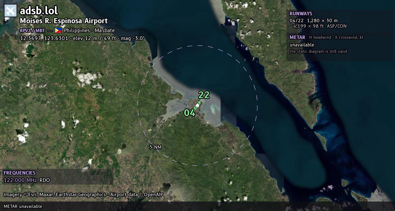 Satellite map with the runway layout of Moises R. Espinosa Airport (RPVJ)