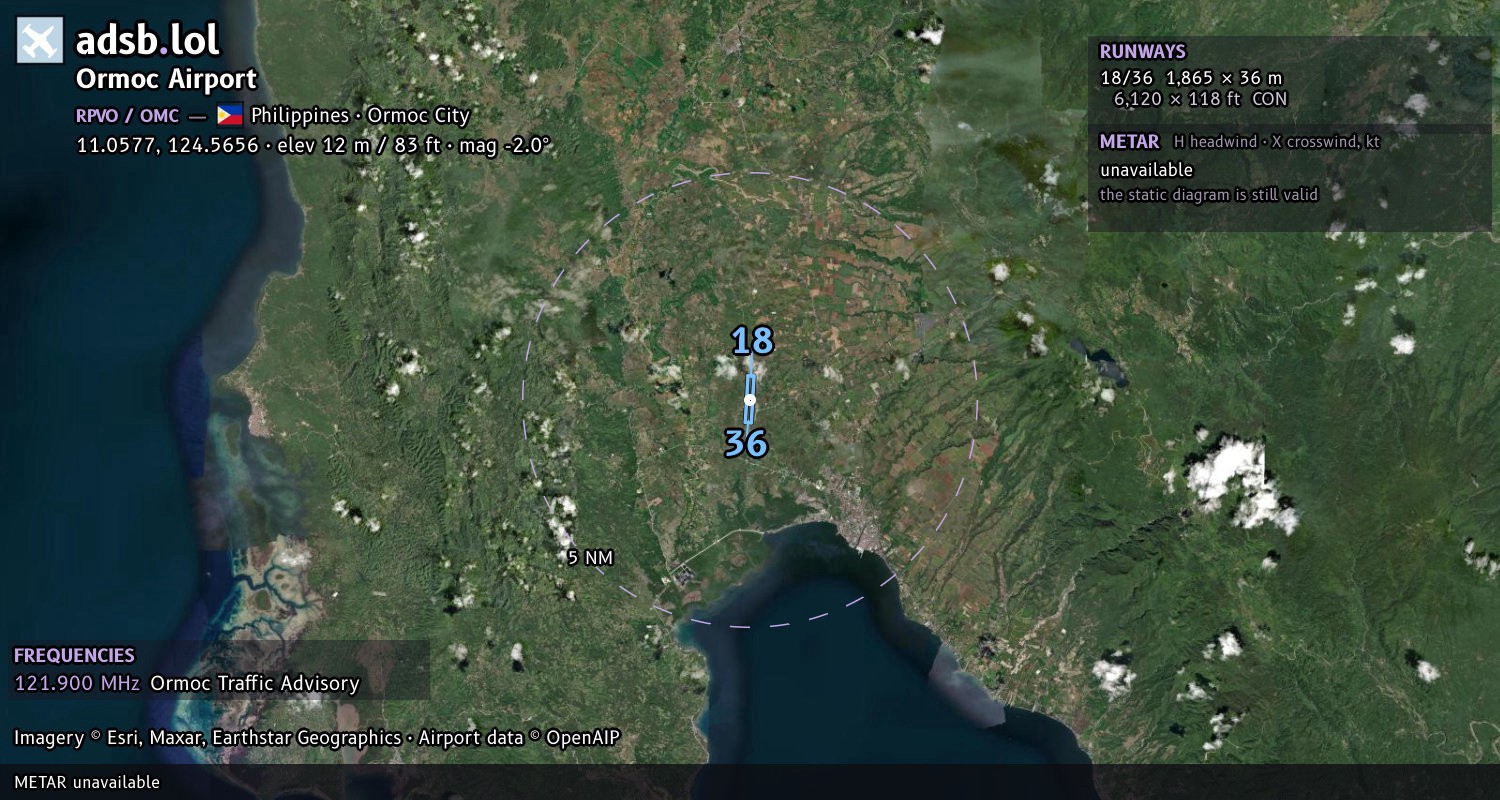 Satellite map with the runway layout of Ormoc Airport (RPVO)