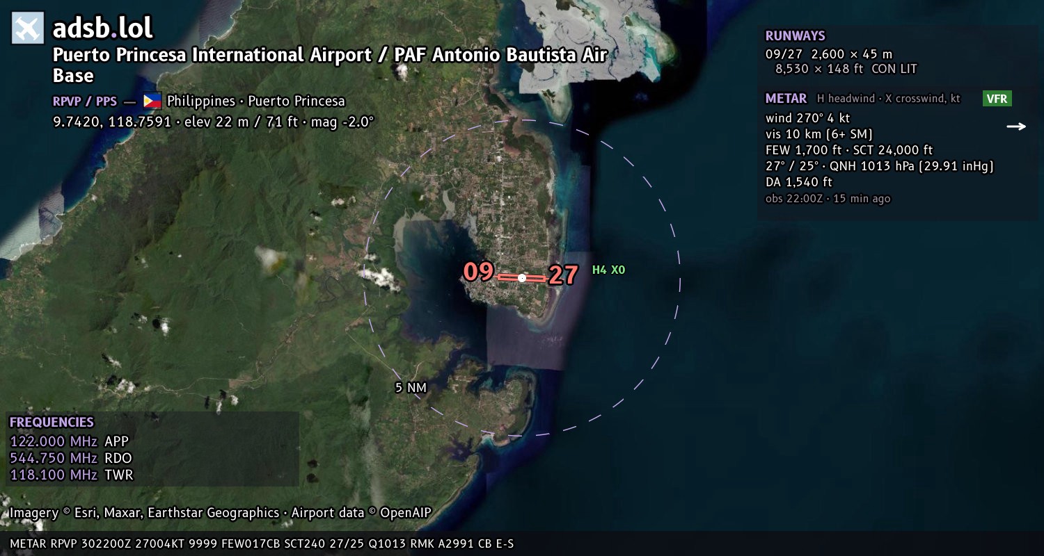 Satellite map with the runway layout of Puerto Princesa International Airport / PAF Antonio Bautista Air Base (RPVP)