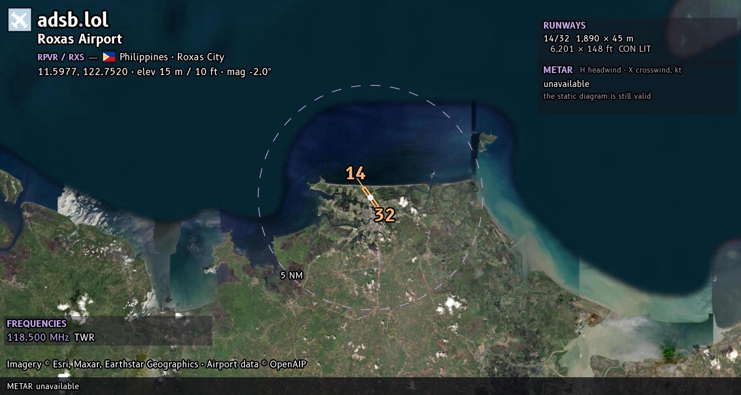 Satellite map with the runway layout of Roxas Airport (RPVR)