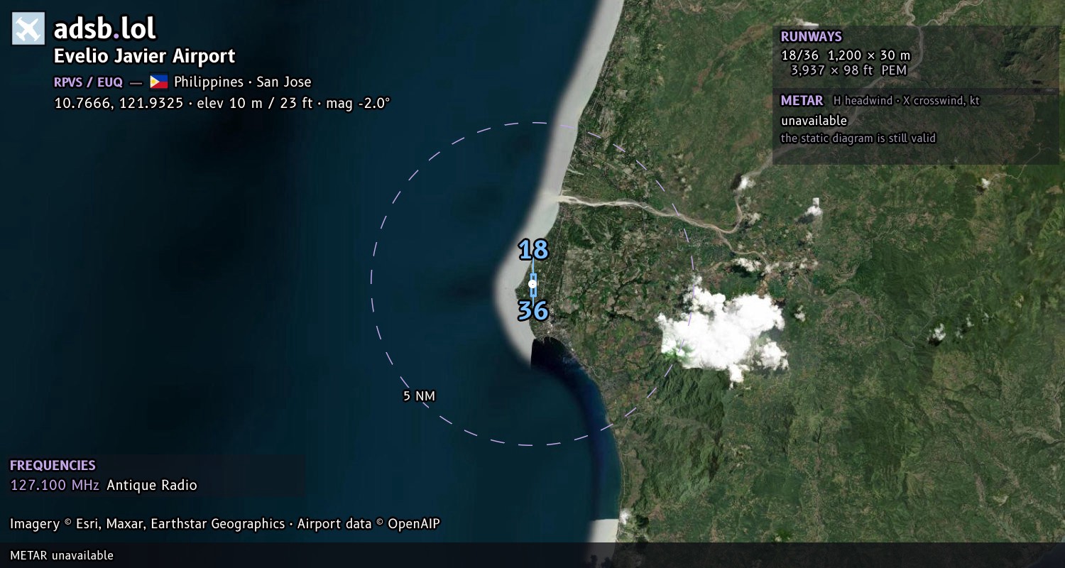 Satellite map with the runway layout of Evelio Javier Airport (RPVS)