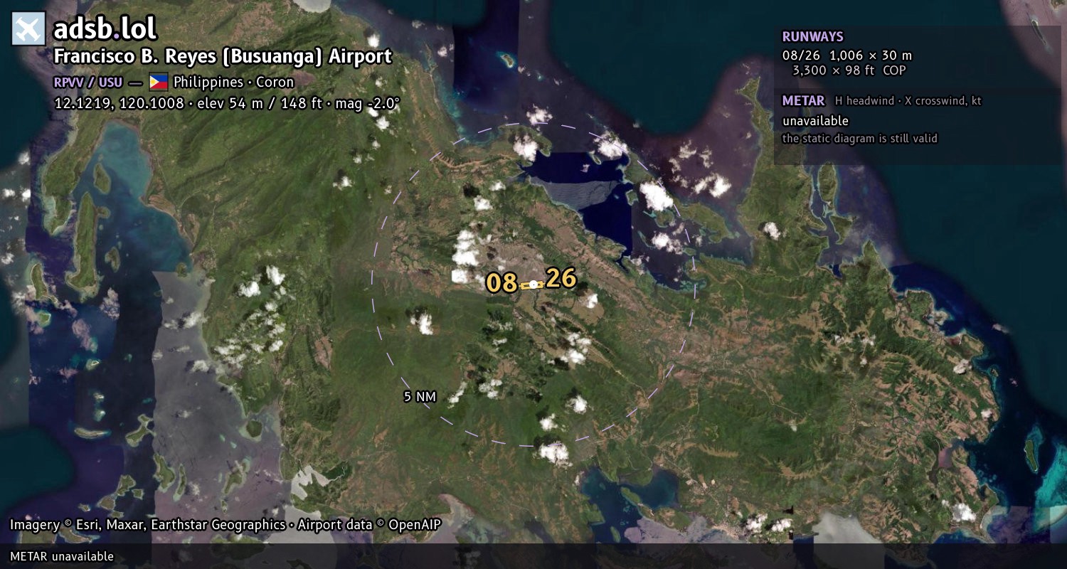 Satellite map with the runway layout of Francisco B. Reyes (Busuanga) Airport (RPVV)