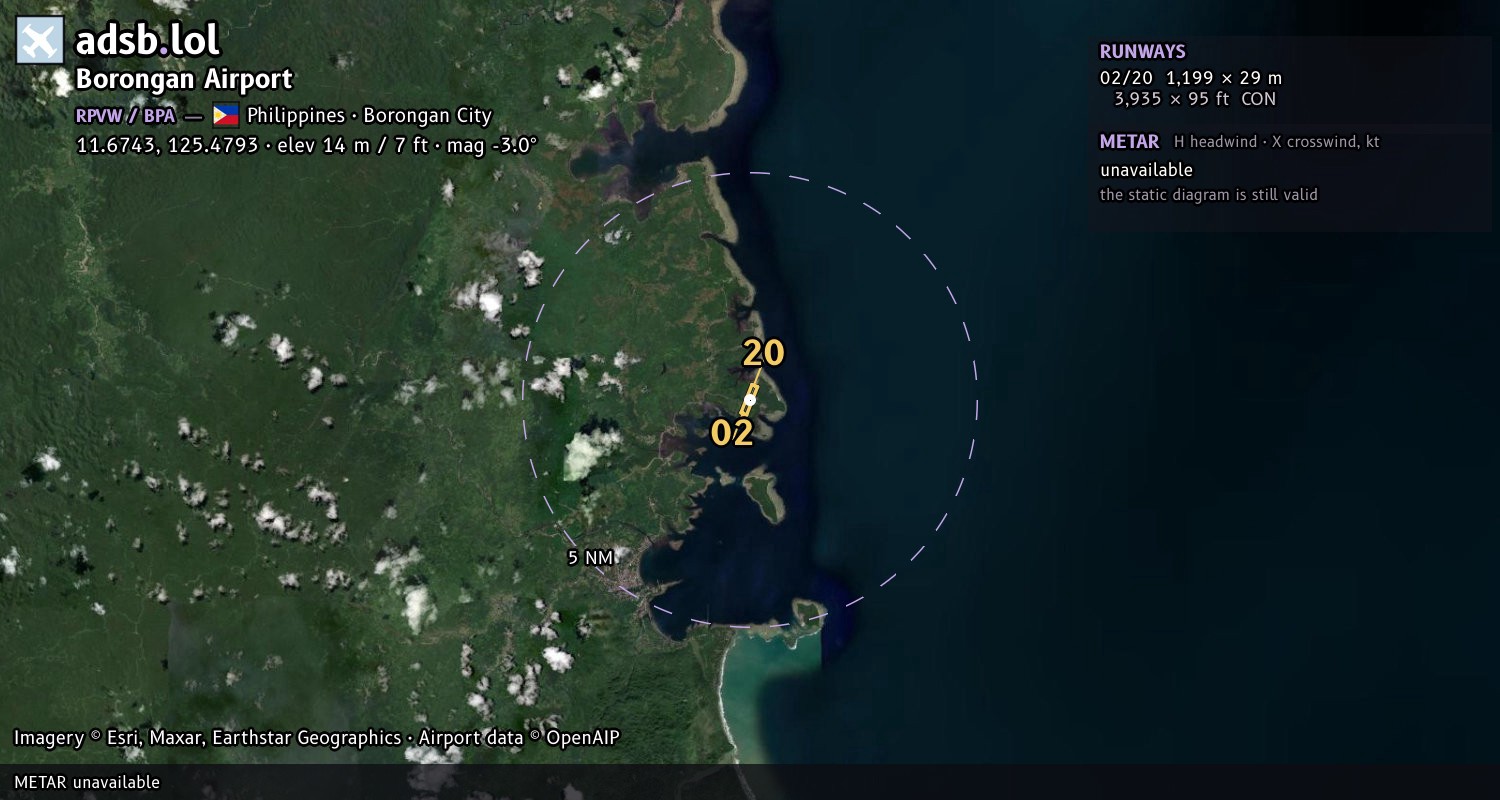 Satellite map with the runway layout of Borongan Airport (RPVW)