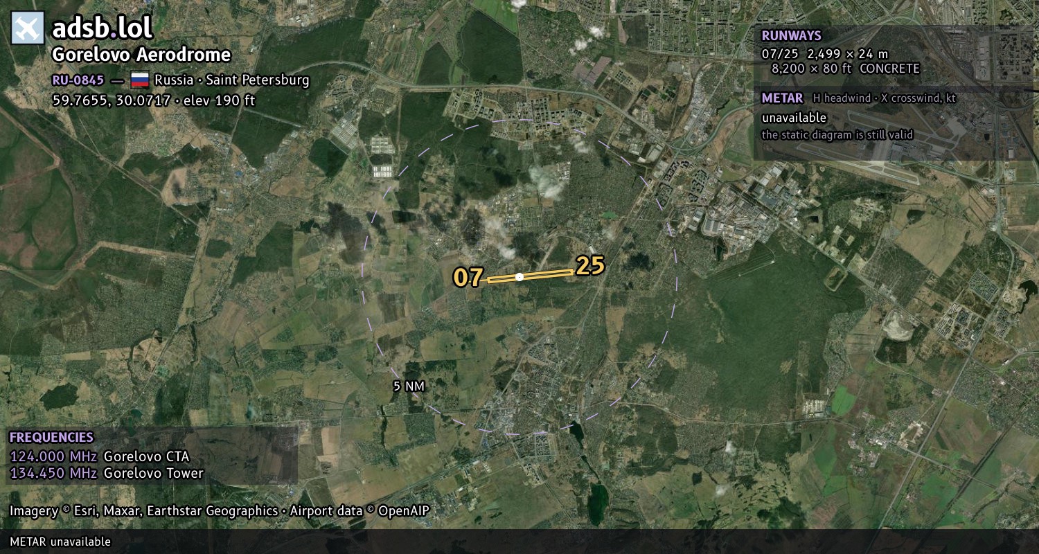 Satellite map with the runway layout of Gorelovo Aerodrome (RU-0845)