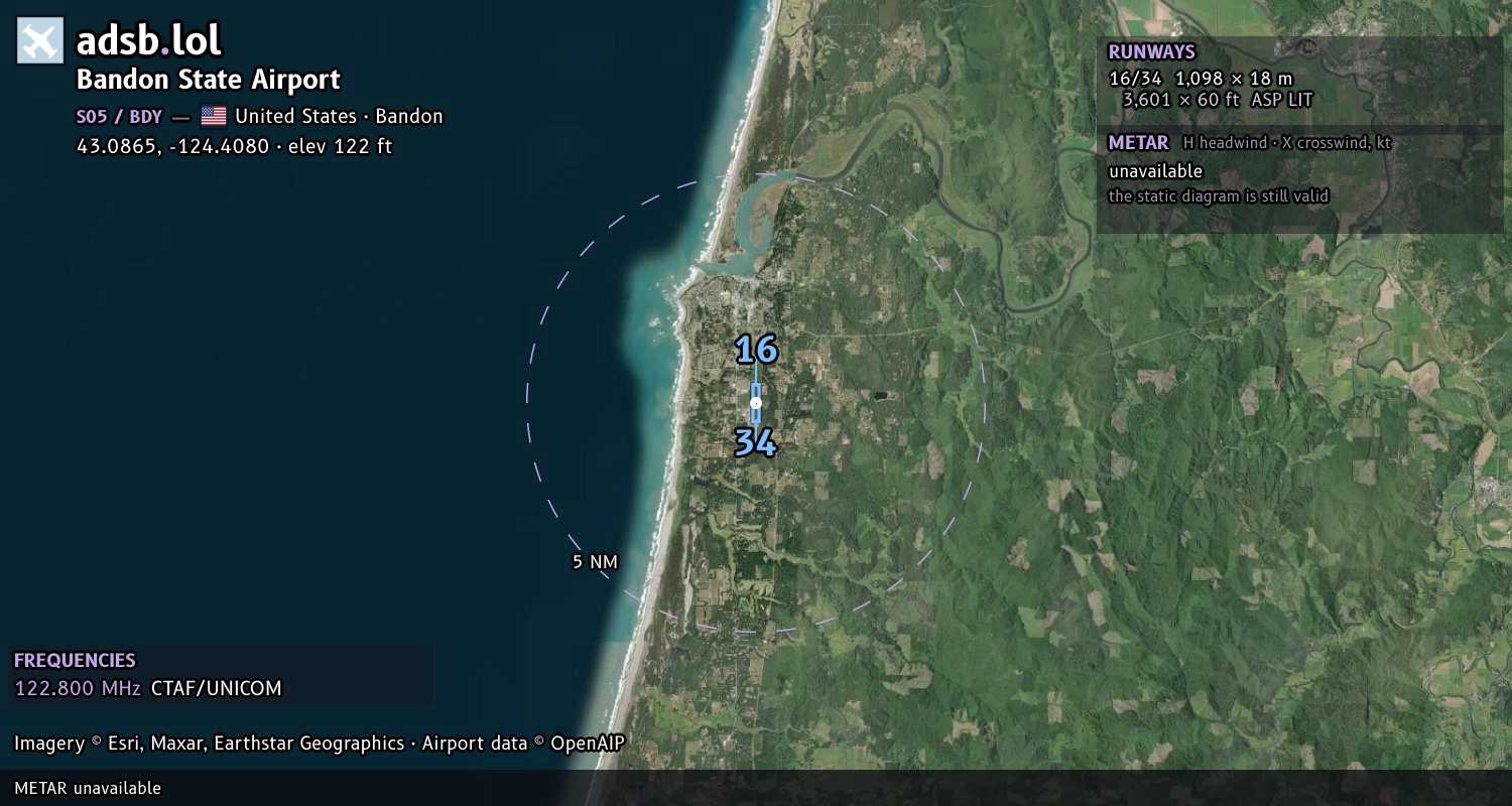 Satellite map with the runway layout of Bandon State Airport (S05)