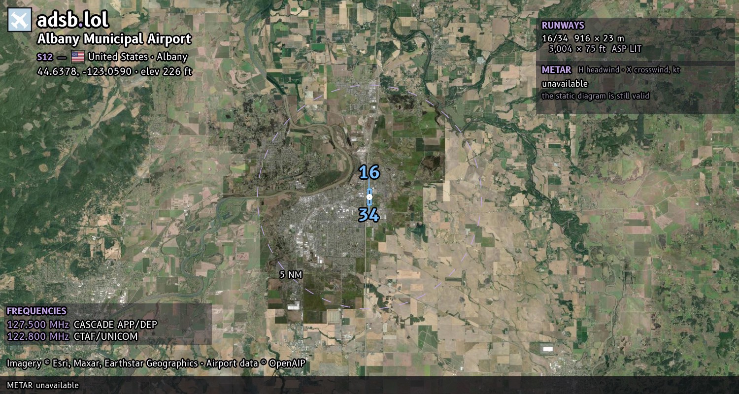Satellite map with the runway layout of Albany Municipal Airport (S12)