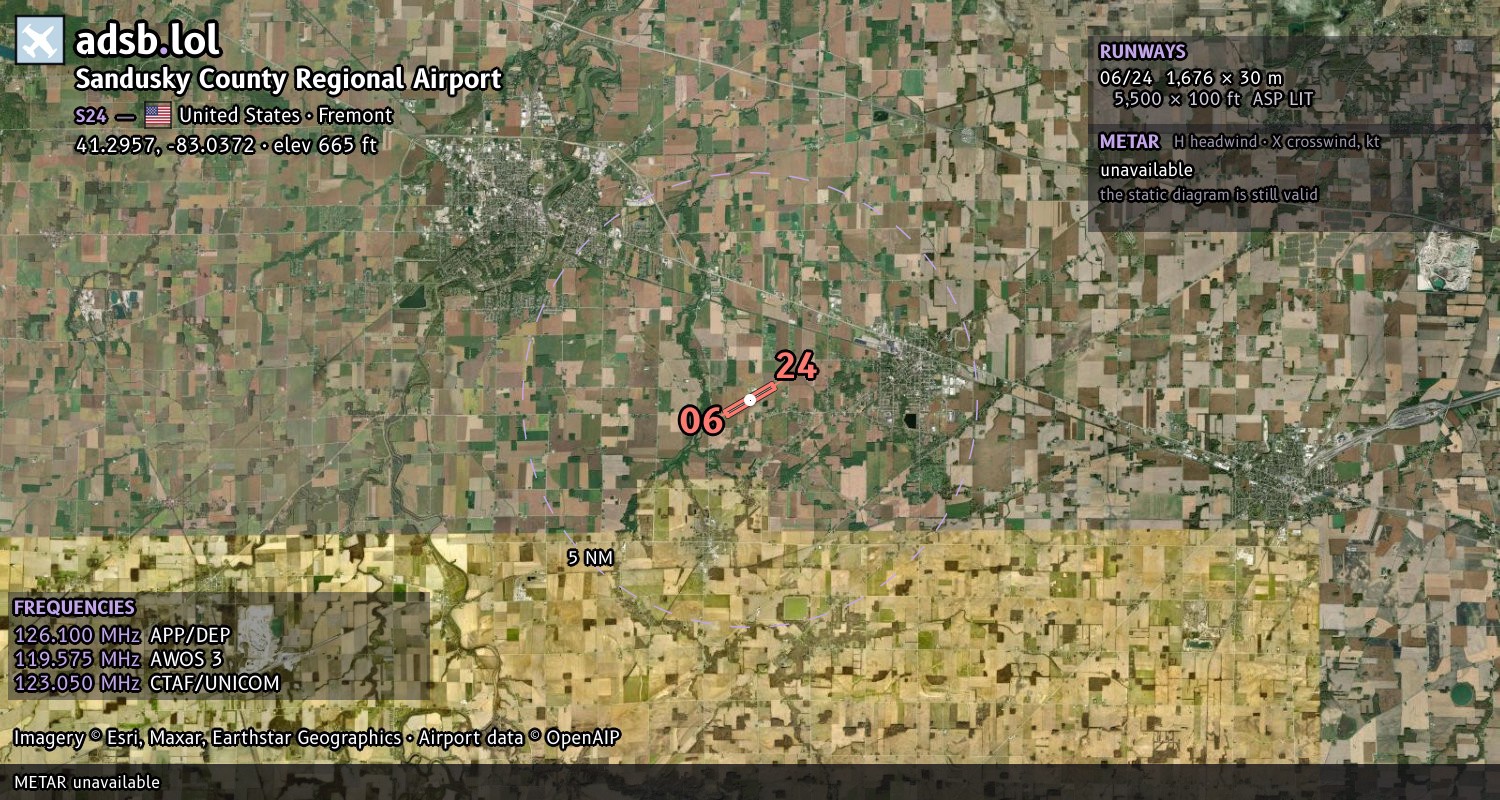 Satellite map with the runway layout of Sandusky County Regional Airport (S24)