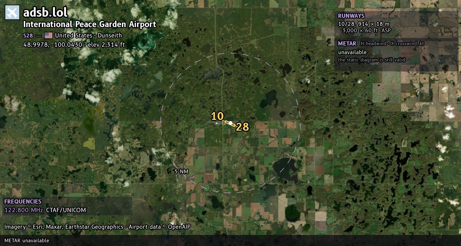 Satellite map with the runway layout of International Peace Garden Airport (S28)