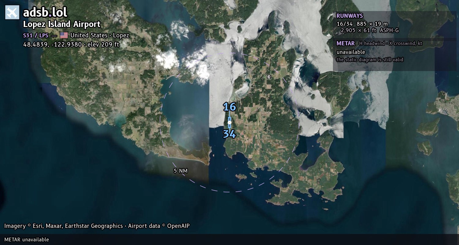 Satellite map with the runway layout of Lopez Island Airport (S31)