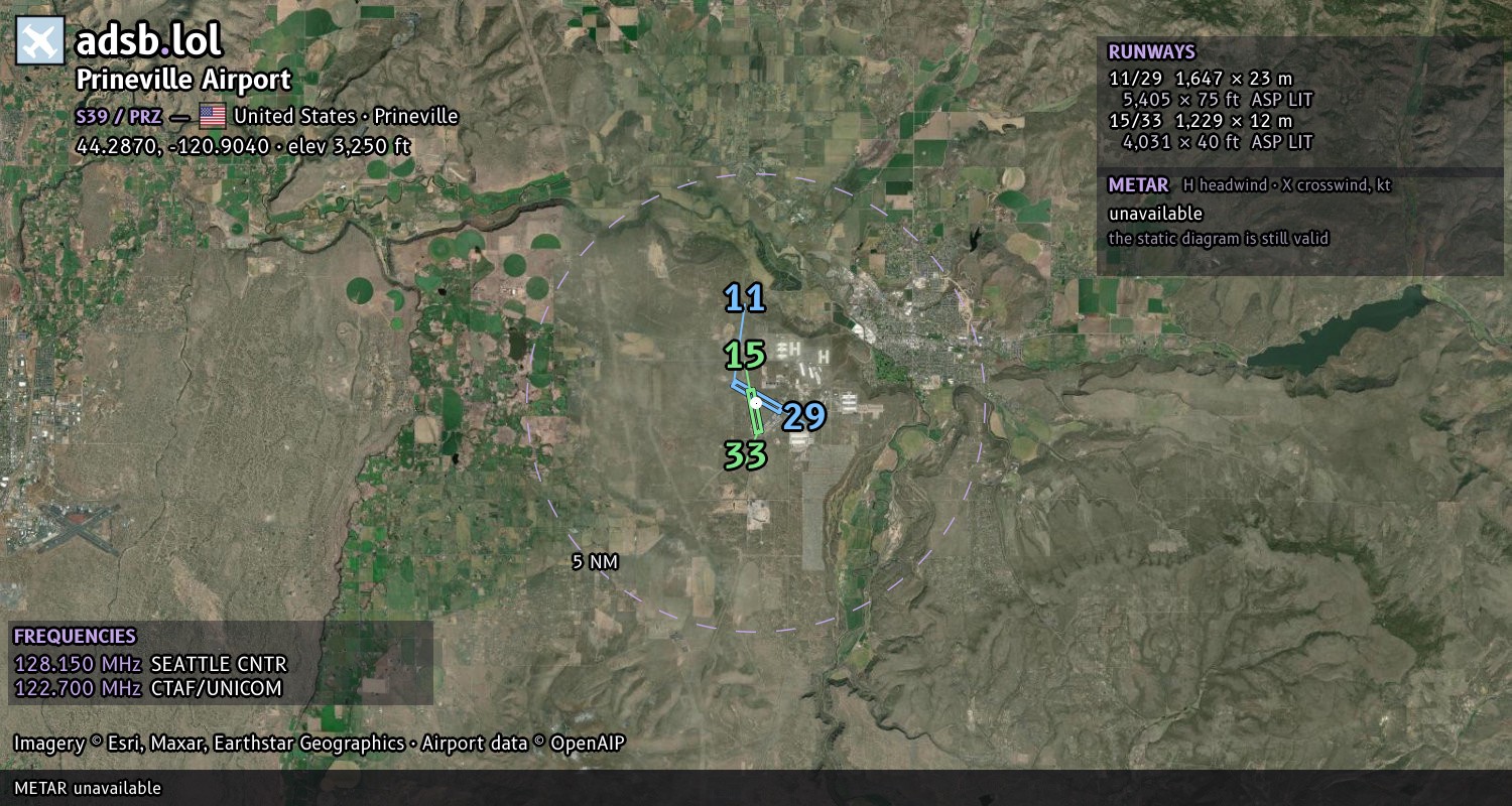 Satellite map with the runway layout of Prineville Airport (S39)