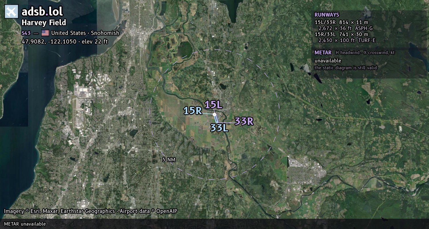 Satellite map with the runway layout of Harvey Field (S43)