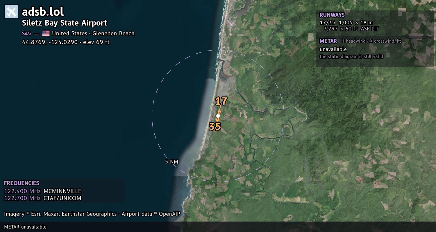 Satellite map with the runway layout of Siletz Bay State Airport (S45)