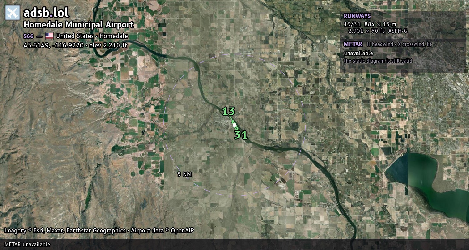 Satellite map with the runway layout of Homedale Municipal Airport (S66)
