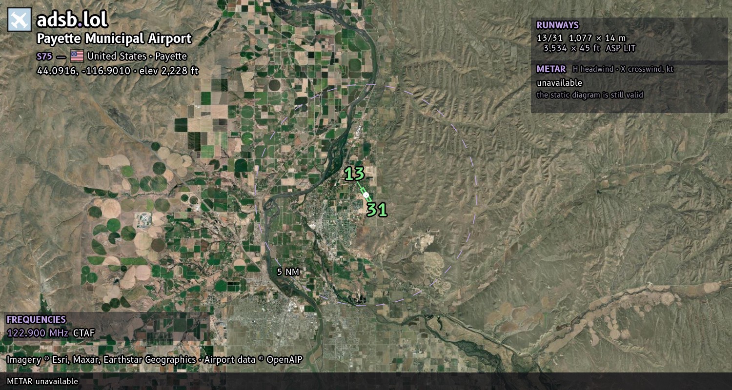 Satellite map with the runway layout of Payette Municipal Airport (S75)