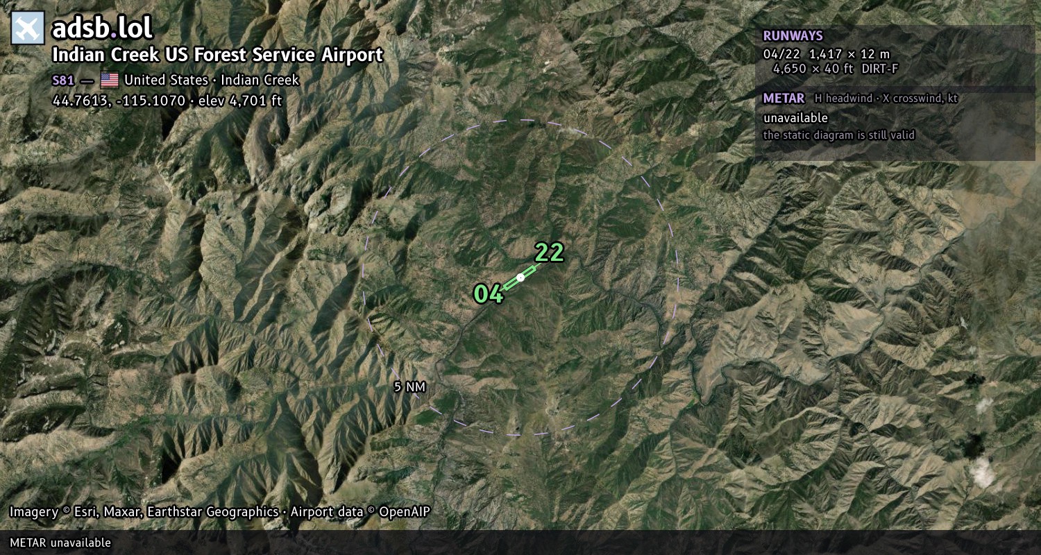 Satellite map with the runway layout of Indian Creek US Forest Service Airport (S81)