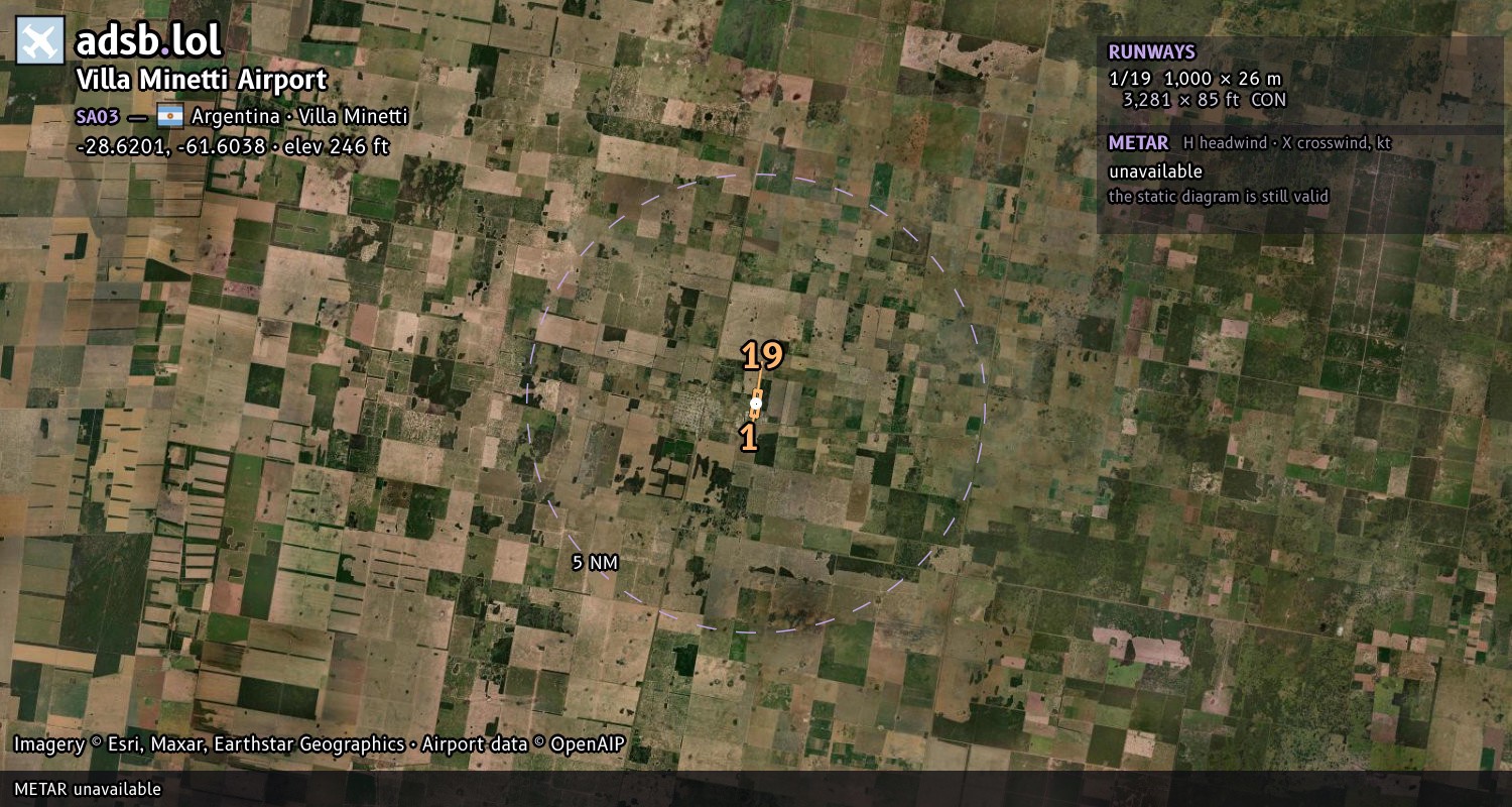 Satellite map with the runway layout of Villa Minetti Airport (SA03)