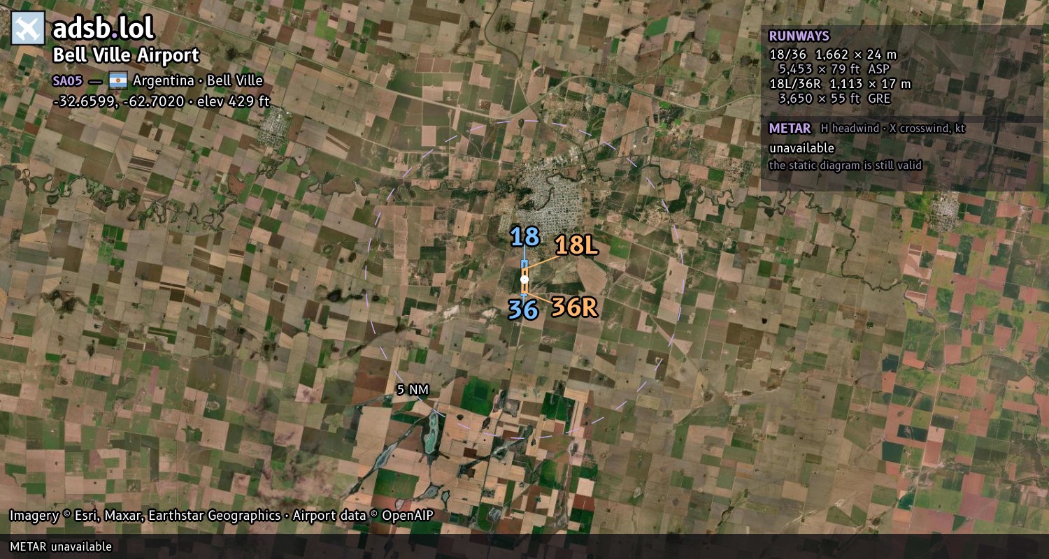 Satellite map with the runway layout of Bell Ville Airport (SA05)