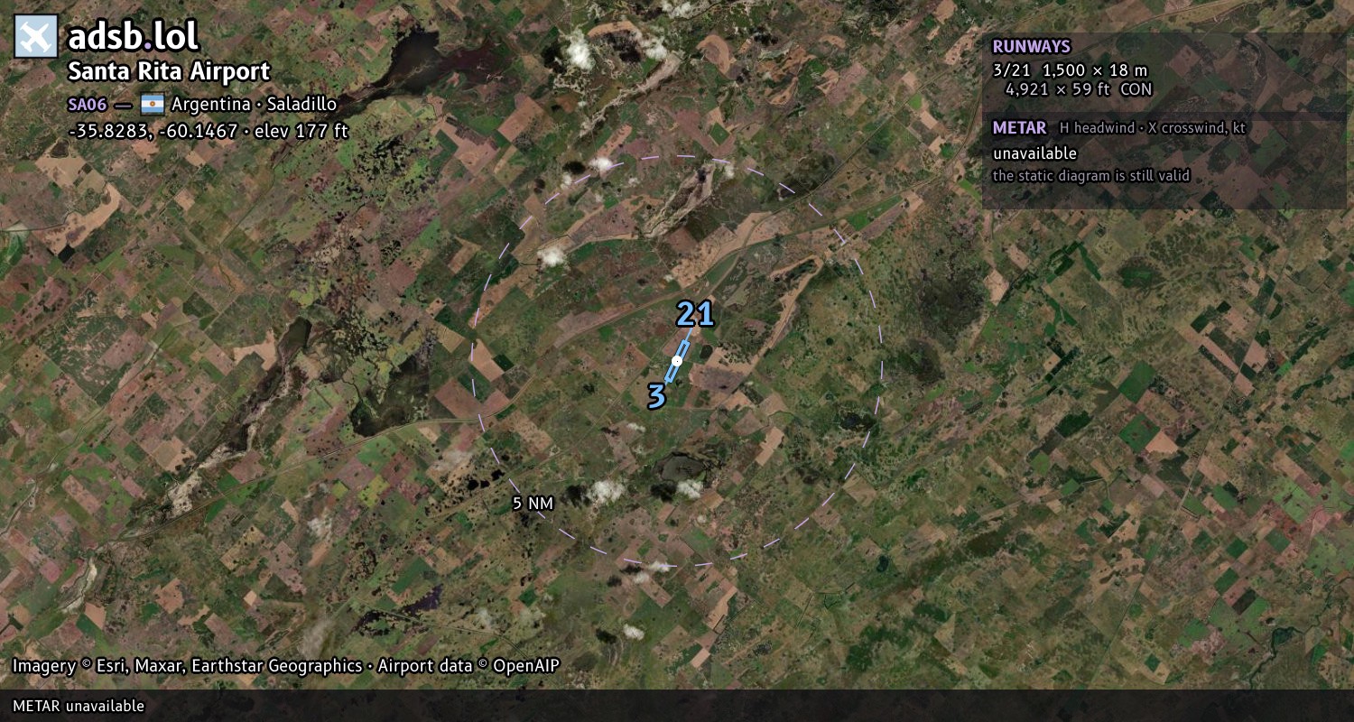 Satellite map with the runway layout of Santa Rita Airport (SA06)