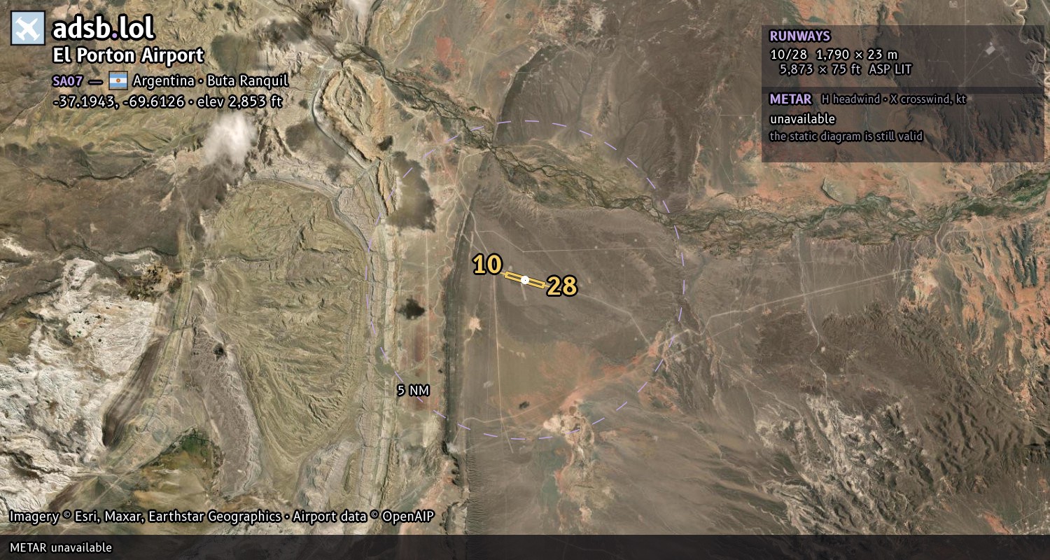 Satellite map with the runway layout of El Porton Airport (SA07)