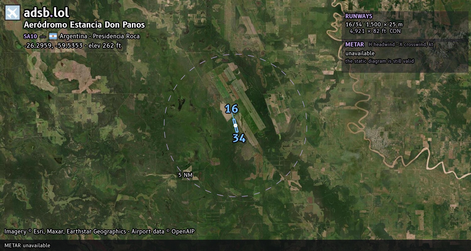 Satellite map with the runway layout of Aeródromo Estancia Don Panos (SA10)