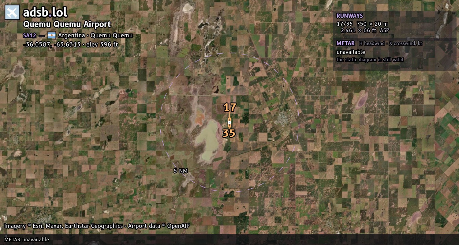 Satellite map with the runway layout of Quemu Quemu Airport (SA12)
