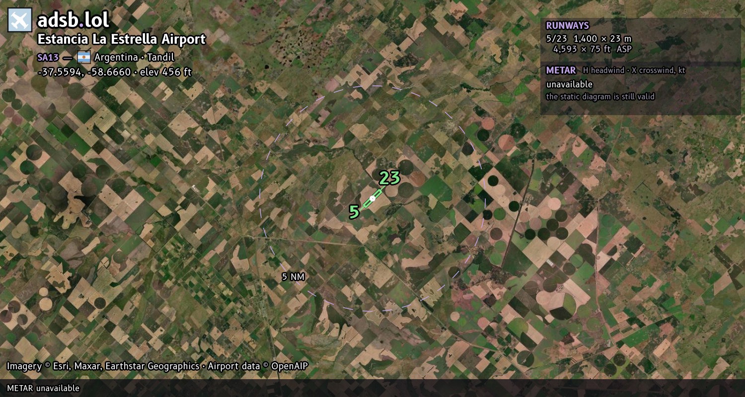 Satellite map with the runway layout of Estancia La Estrella Airport (SA13)