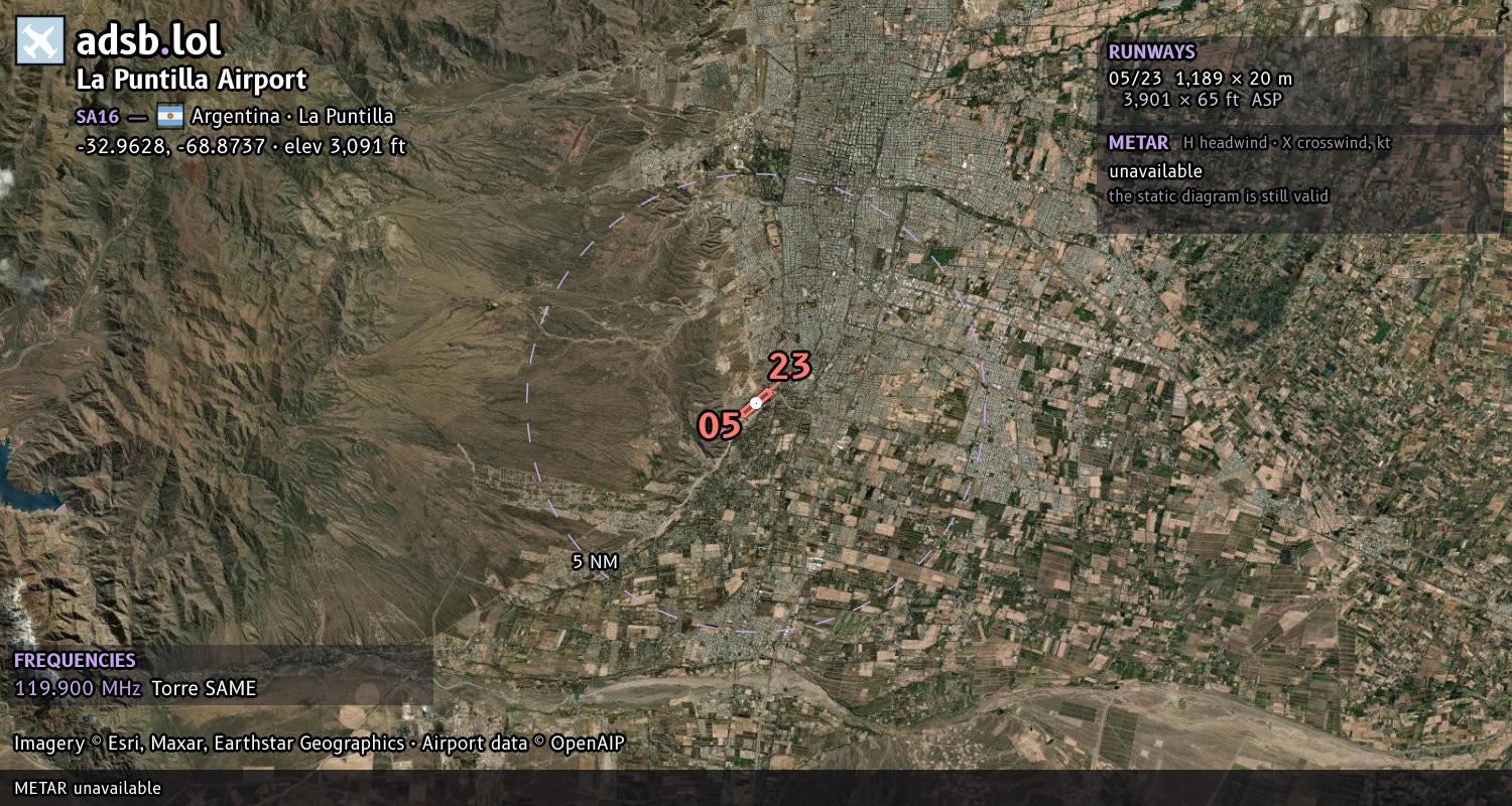 Satellite map with the runway layout of La Puntilla Airport (SA16)