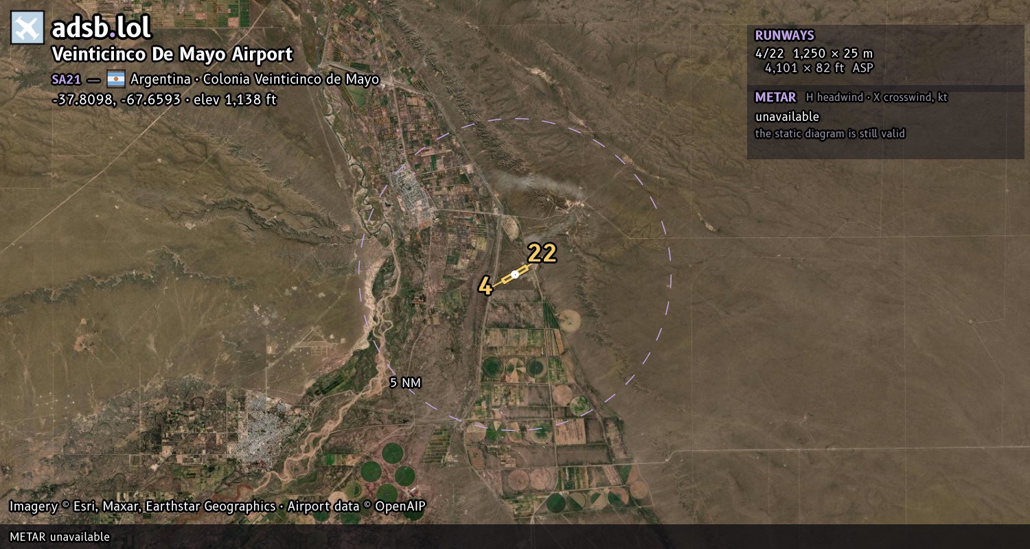 Satellite map with the runway layout of Veinticinco De Mayo Airport (SA21)